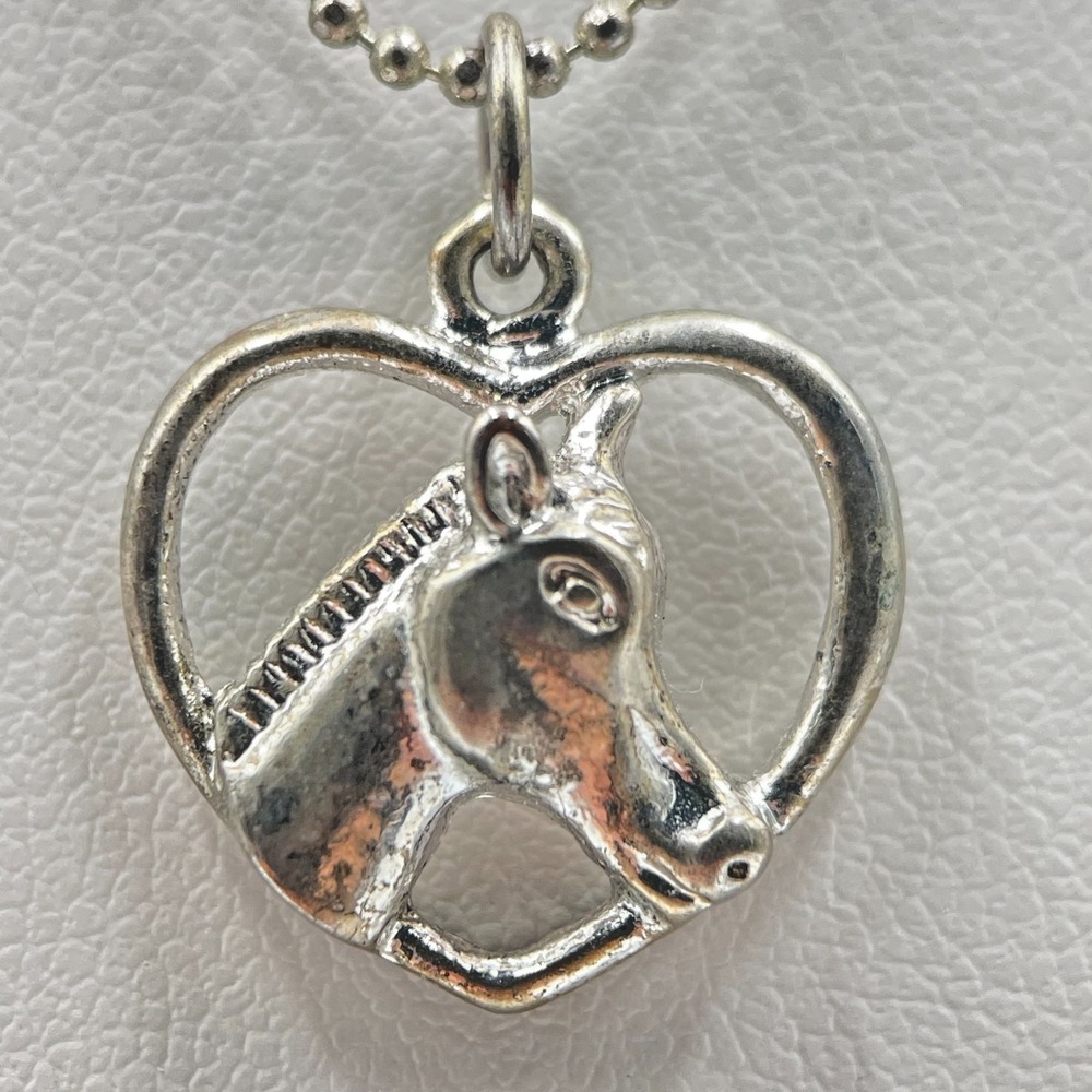 Vintage Y2K Silver Tone Heart Openwork Horse Head Ball Chain Pendant Necklace